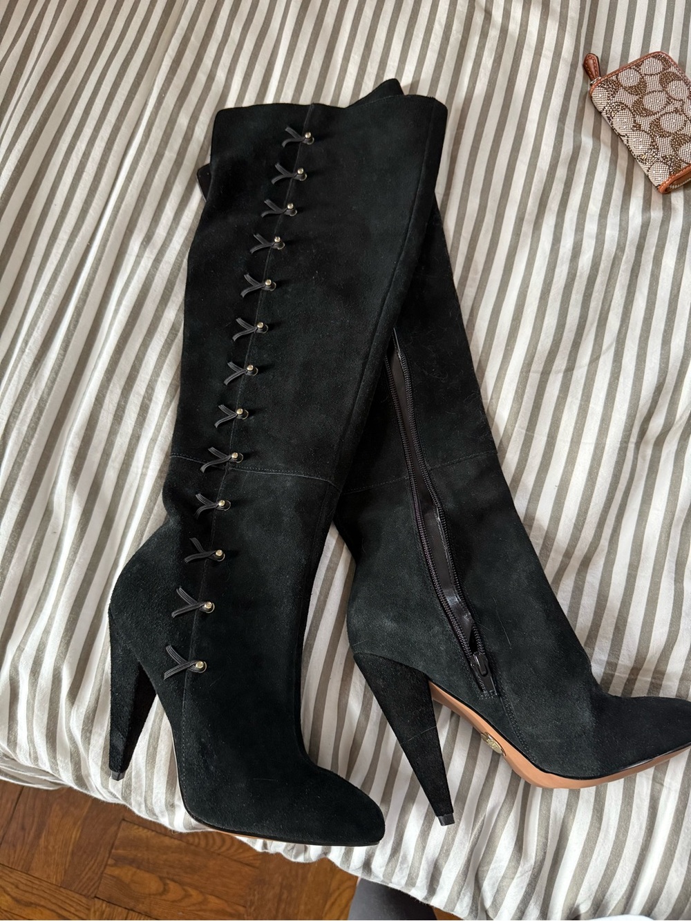 Betsey Johnson Black Suede side zip Over-the-Knee MockLace-Up Heeled Boots